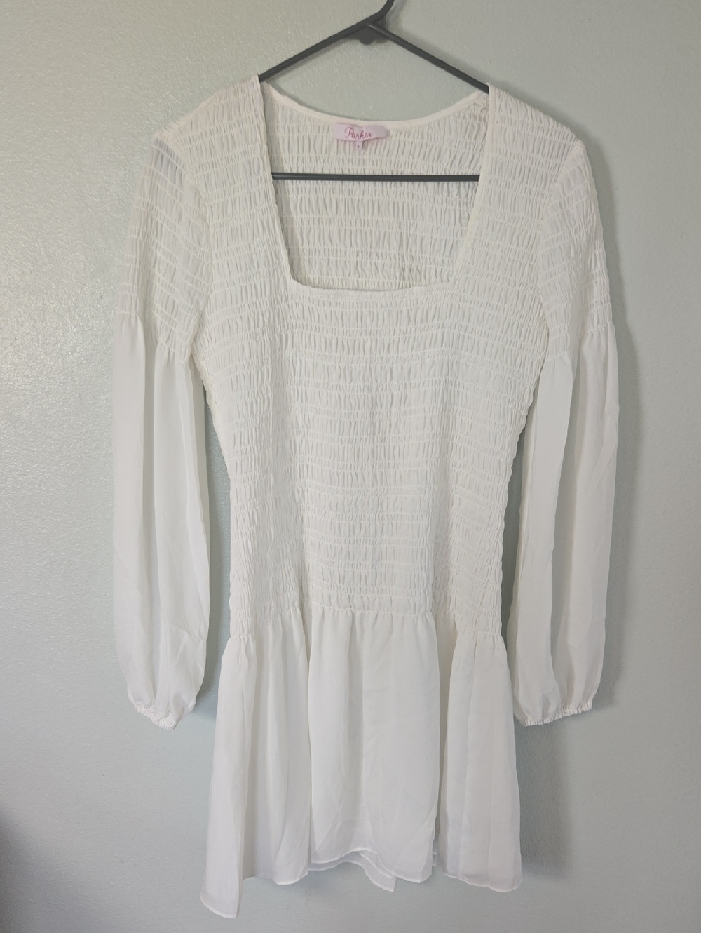 Parker | White Silk Drop Waist Smocked Mini Dress Size Small
